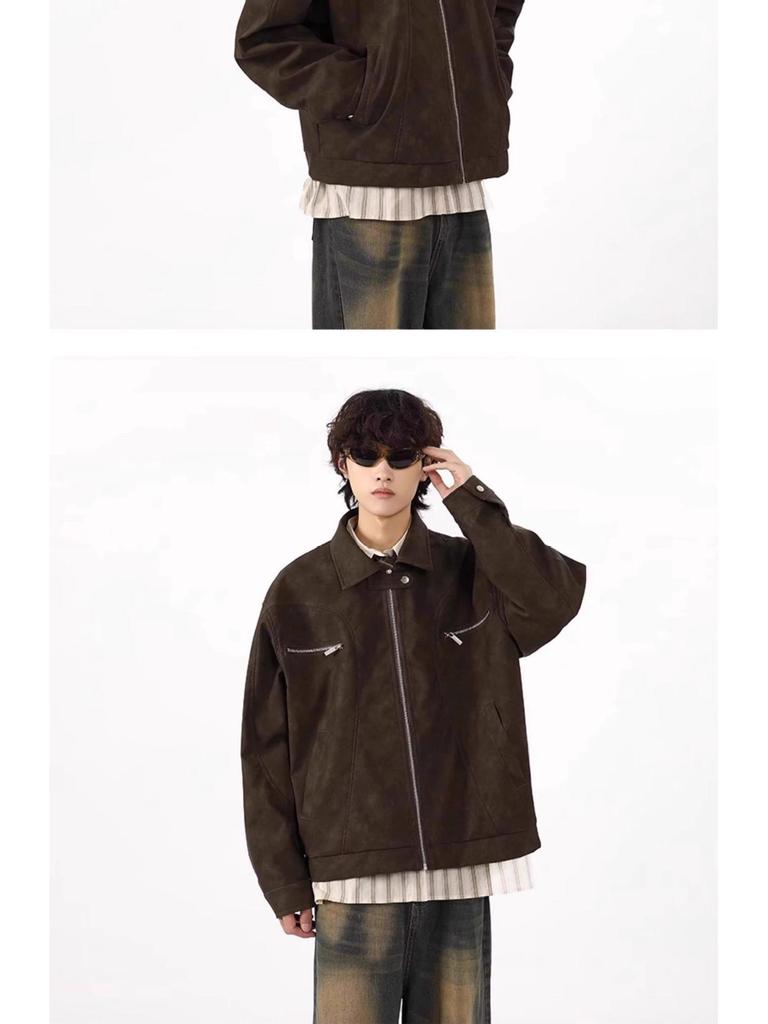 Men's Vintage Washed PU Leather Motorcycle Jacket - Loose Fit, High-End Vibe, Spring/Autumn