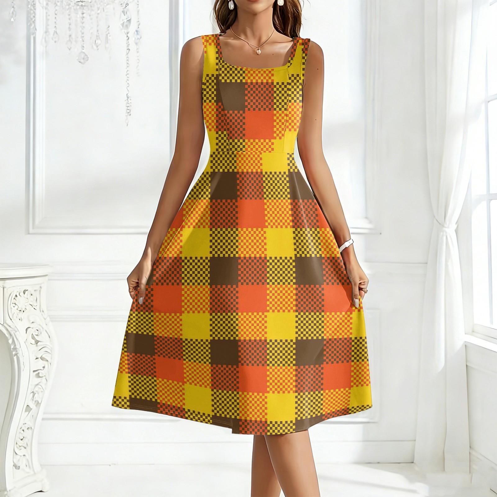 

Women Sleeveless Plaid Dress Square Neckline A-Line Flared Midi Dress Casual Summer Sundress XL жовтий