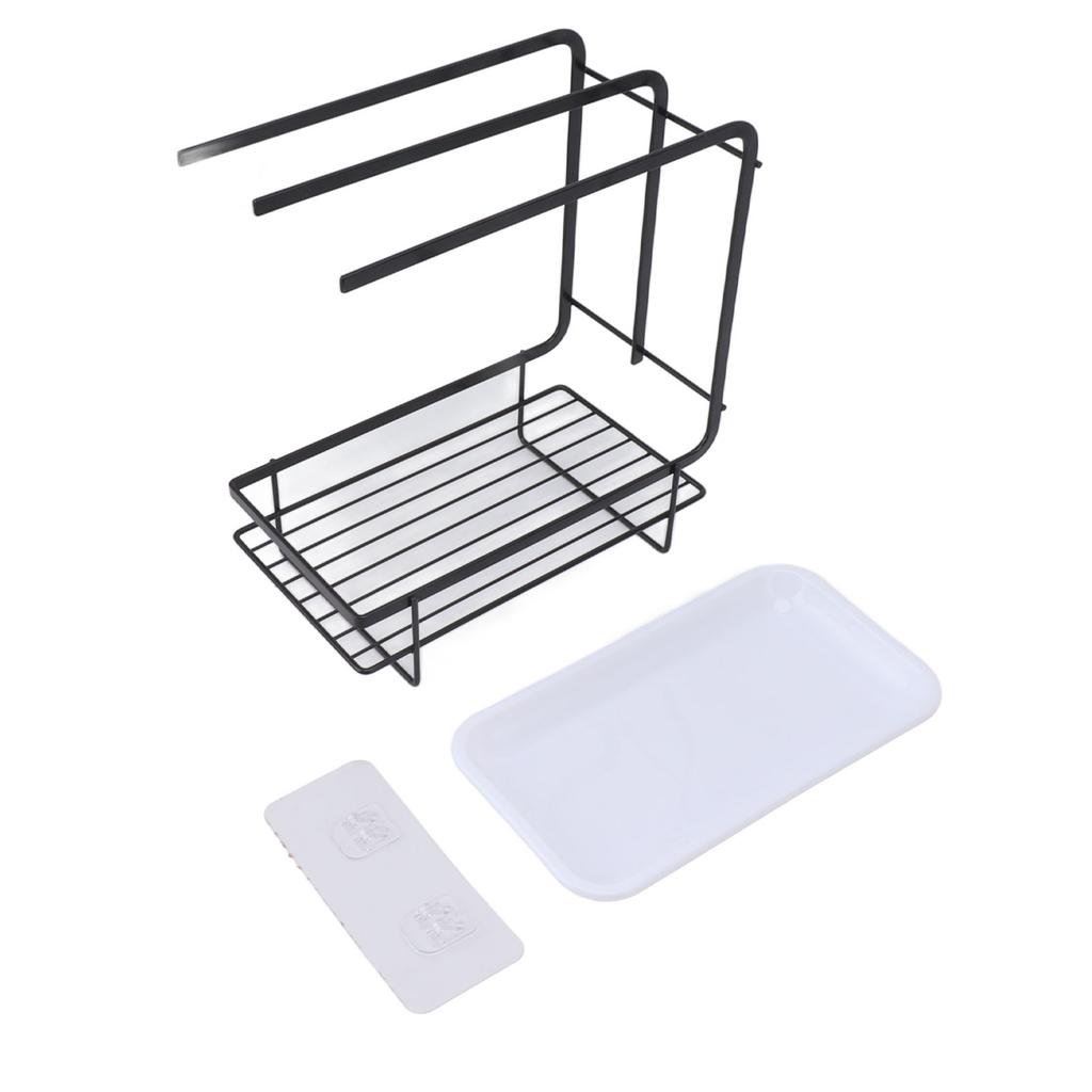 Sponge Holder with Drain Pan Quick Drying Hollow Bottom Rustproof Dishcloth Drying Rack for Kitchen Bathroom Sink Black