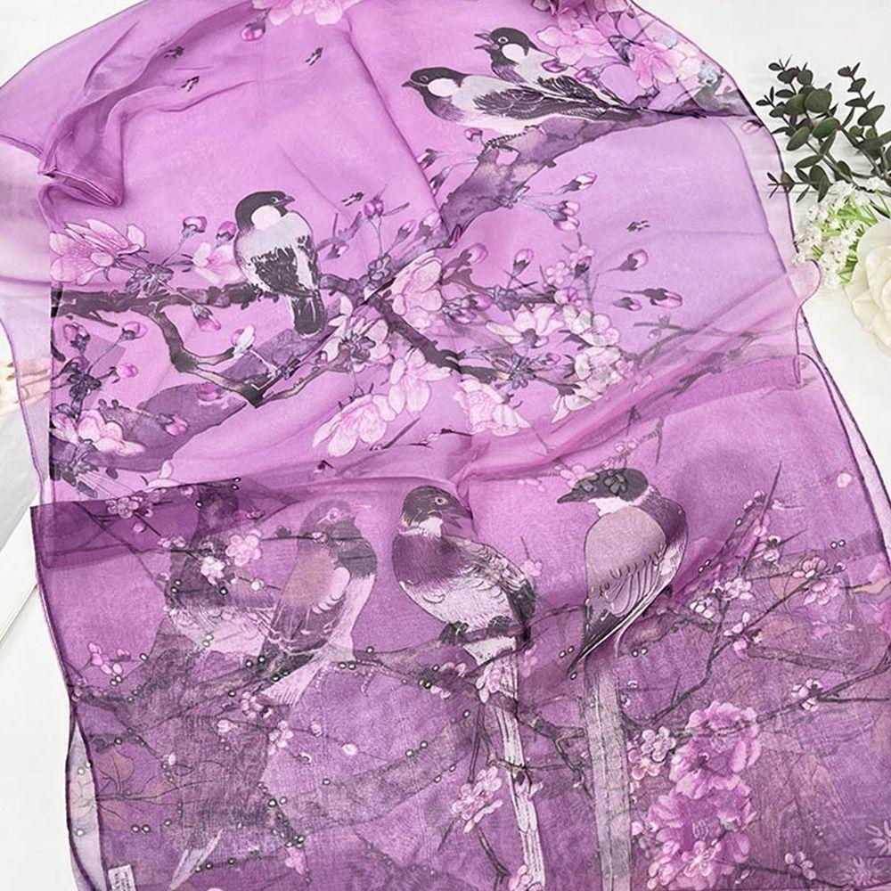 Portable Embroidered Silk Scarf Breathable Sun-Resistant Beach Shawl Silk Smooth Bandana for Women
