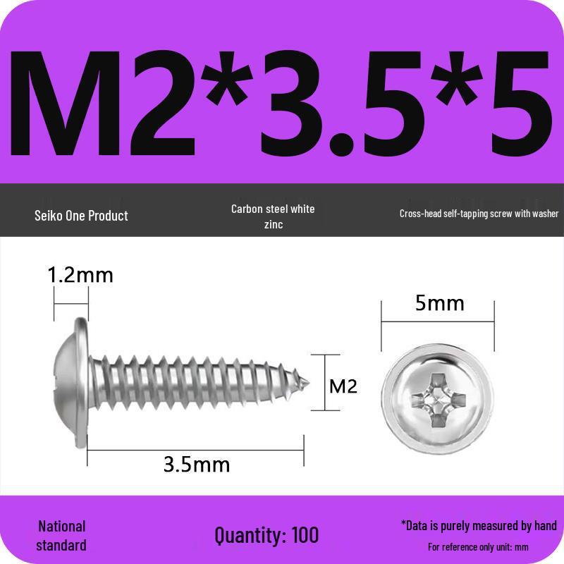 PWA Nickel-Plated Carbon Steel Self-Tapping Screws with Washer, White Zinc Cross Head, Pointed Tail, Sizes: 1.6/1.8/2/2.5
