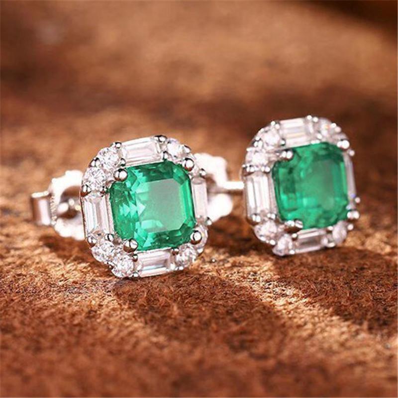 925 Sterling Silver Green Cubic Zirconia Stud Earrings for Women Simple Chic Fashionable Jewelry Accessory