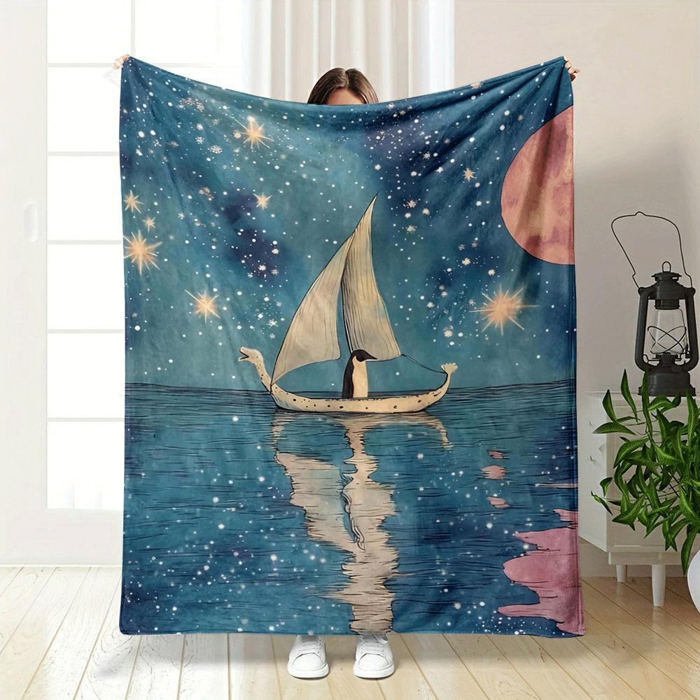 A penguin on a boat sailing beneath a starry sky and full moon. for all seasons blanket lunch break throw gift