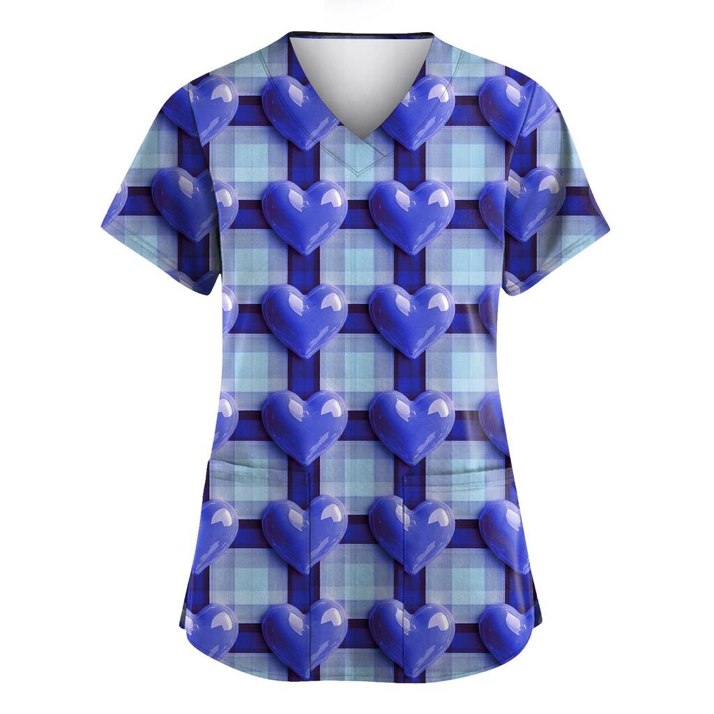 Women's Valentine's Day Printed  Uniform Work Uniform V-Neck Pocket Protective Uniform