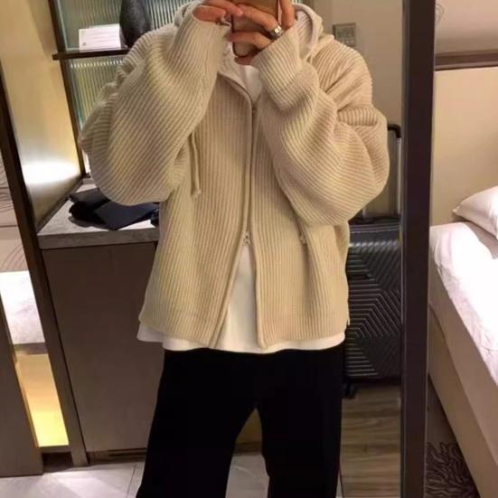 Men Fall Winter Sweater Coat Hooded Drawstring Loose Zipper Closure Long Sleeves Drawstring Mid Length Solid Color Retro Knitted Jacket