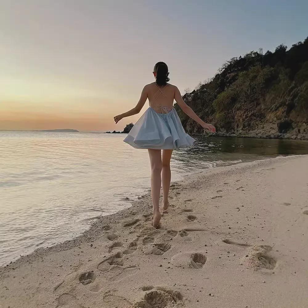 "2024 European & American Sweet Puff Skirt with Deep V, Long Sleeves, and Waist-Revealing Design"