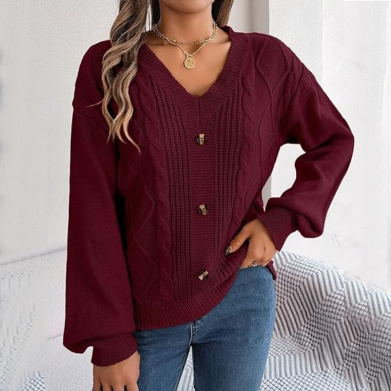 Women Knit Sweater V Neck Button Dough Sleeve Pullover Jumpers Winter Solid Color Knitwear Tops