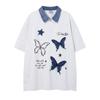 American embroidery letter butterfly patch design sense lapel short-sleeved T-shirt men's and women's loose retro Hong Kong flavor POLO shirt