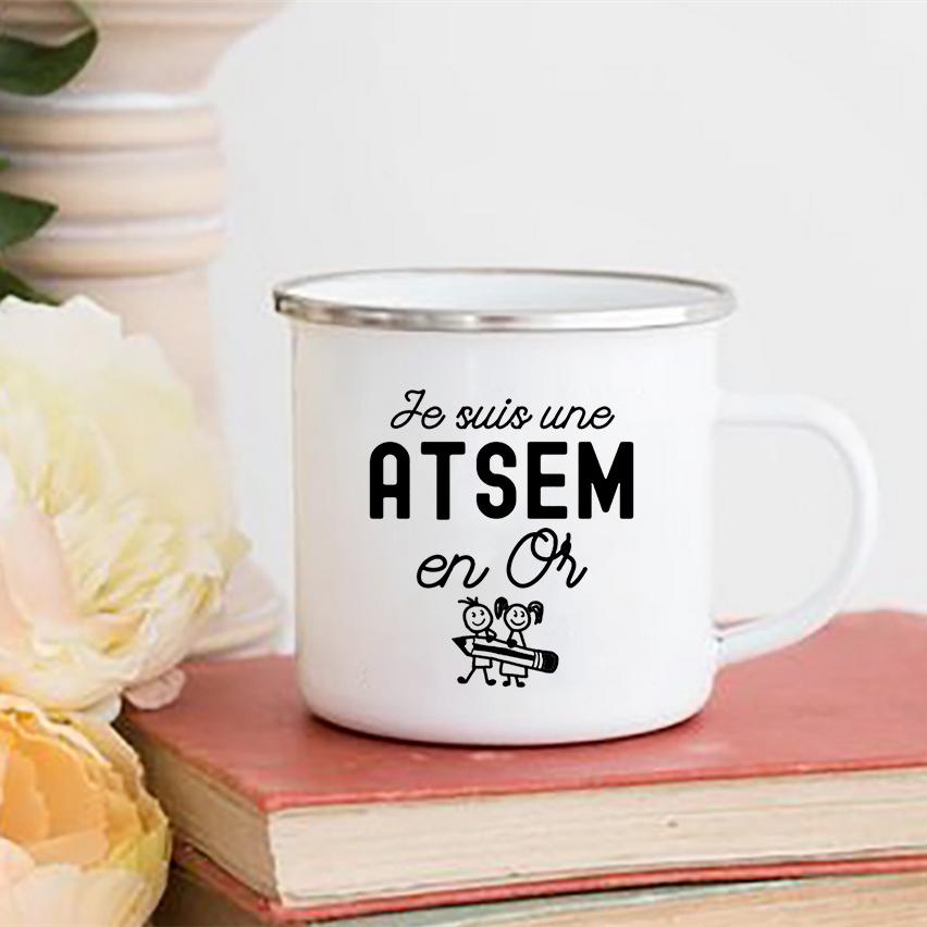 Drinks Water Milk Cup Enamel Mug Merci Maîtresse Super Atsem Print Mugs Creative Coffee Cups School Home Handle Drinkware Gifts