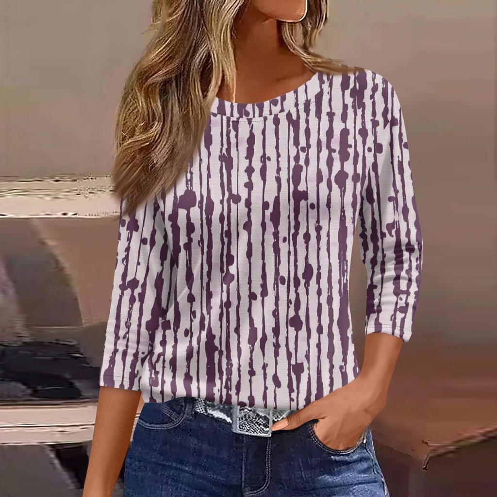 Women's Three-Quarter Sleeve Shirt, Round Neck, Loose Fit, Casual Shirt, Floral Print T-Shirt, Summer