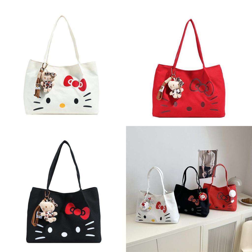 Hello Kitty Trendy Canvas Handbag With Durable Material And Double Shoulder Straps For Women
