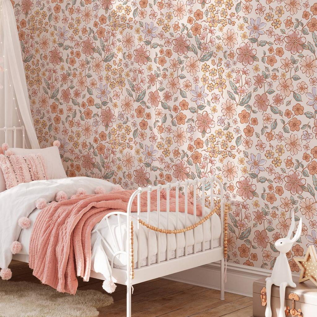 Vintage Pink Floral Wallpaper Peel and Stick Wall Paper Blossom Renter Friendly Self Adhesive Contact Paper for Kid's Bedroom