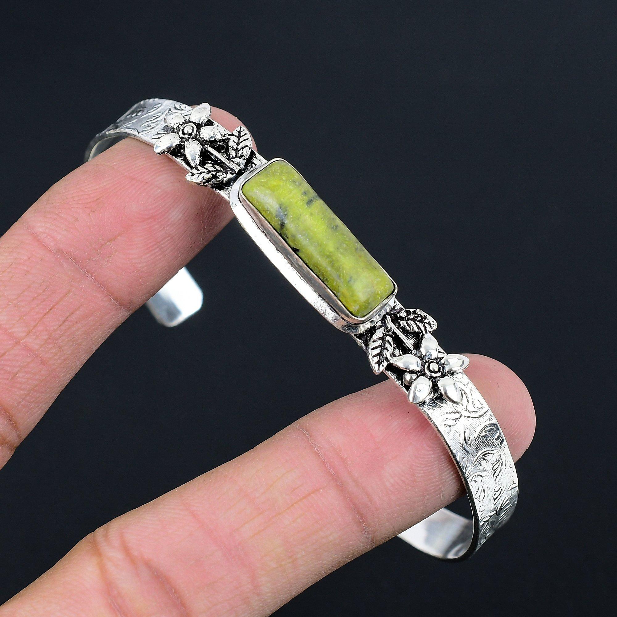 

925 Sterling Silver Rectangle Natural Atlantisite Flower Birthday Bangle Jewelry Adjustable
