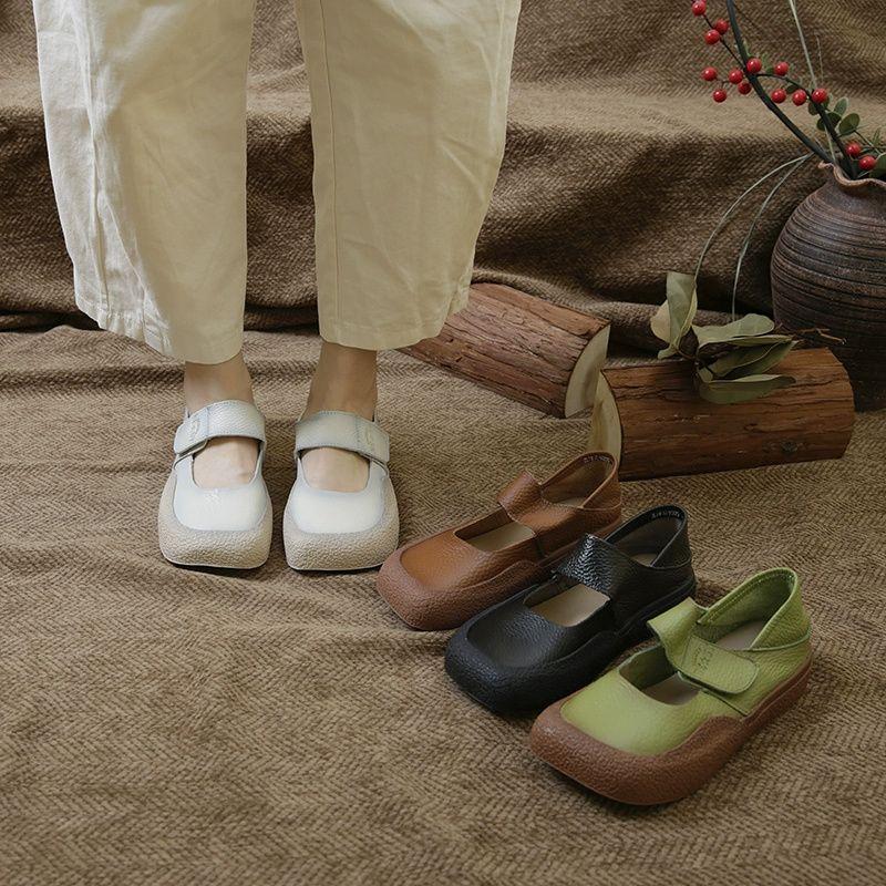 Fashion New mary janes retro flats shoes women's green loafer shallow mouth square toe nurse shoes ladies autumn genuine leather flats