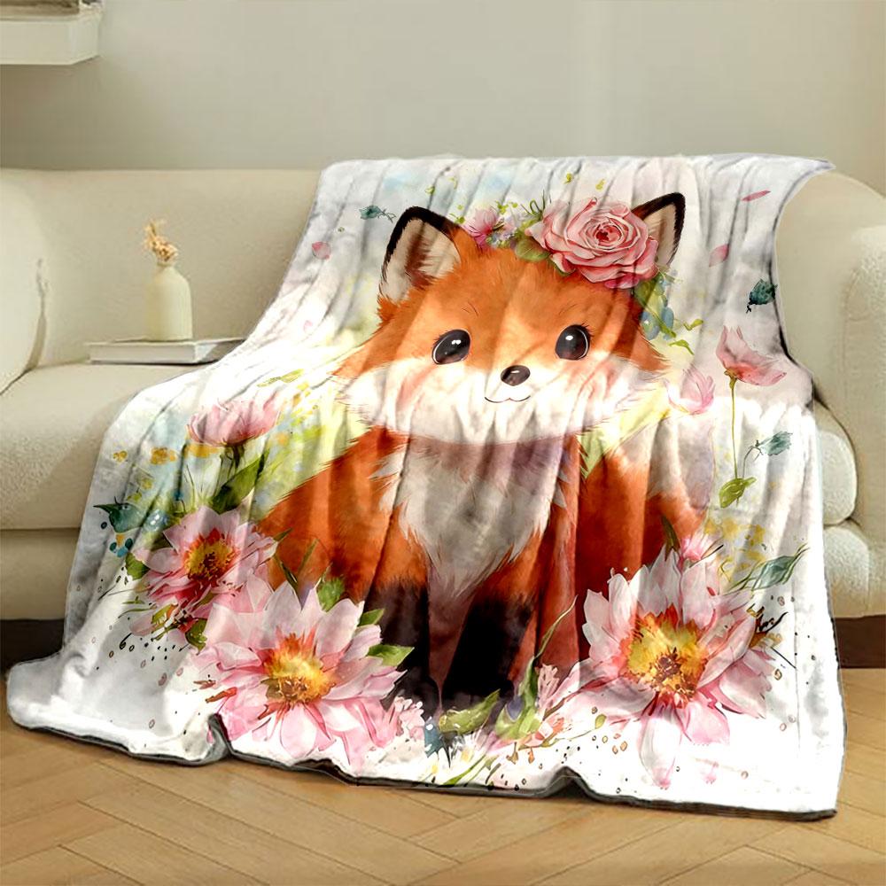 

Cute Animals Surrounding Flowers in Watercolor Style Blanket, All-Season Multi-Use for Nap Camping Travel Car Sofa Luxury Gifts 75x90cm