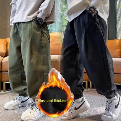 2025 New Boys' Fleece-Lined Sweatpants: Thickened Casual Sports Pants for Spring, Autumn, and Winter