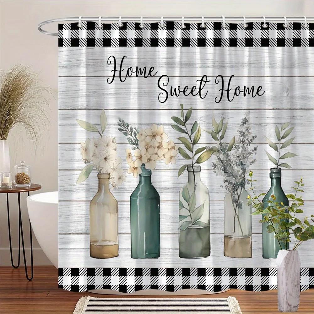 

Floral Glass Bottles Shower Curtain - Home Sweet Home , White & Yellow Flowers, Rustic Wood, Cozy Bathroom Decor, Polyeste W90xH180cm