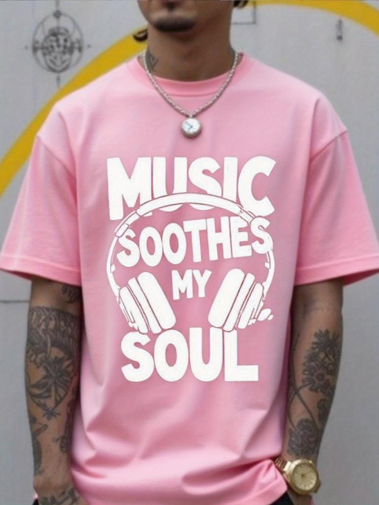 Unisex Summer Cotton Short Sleeve T Shirt Music Soothes My Soul Headphone Letter Print Crew Neck Hip Hop Music Casual Male Tee