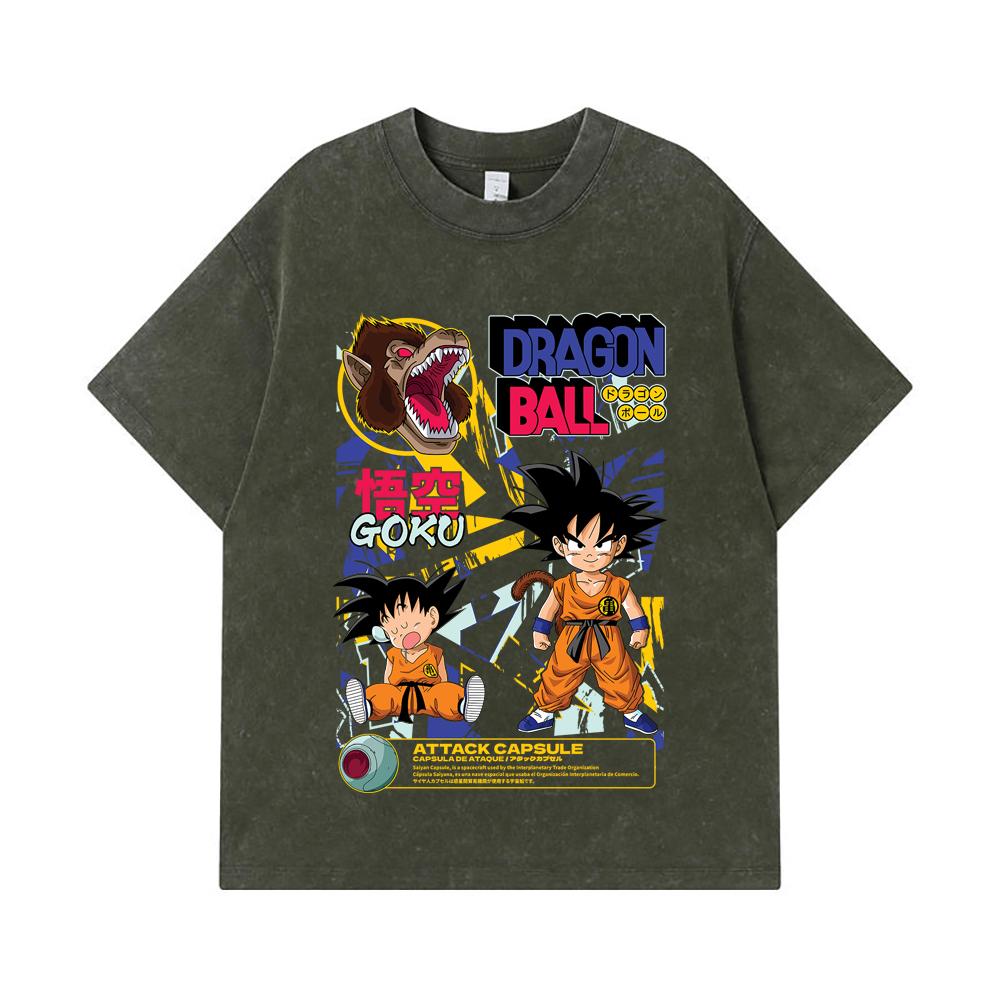 275 GSM Washed T-shirts 100% Cotton Dragon Ball V40 Goku Capsule Print Unisex Heavy Cotton T Shirt
