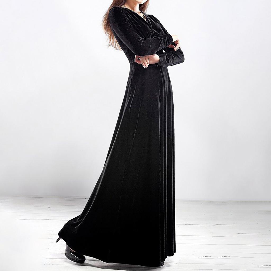 Women's And Winter Gold Velvet V-Neck Solid Color Long-Sleeved Party Dress