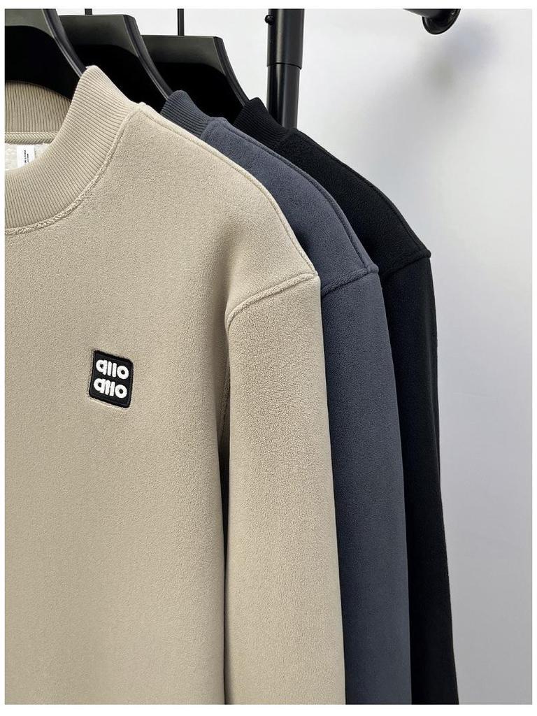 Men's Heavyweight Alpaca Wool Hoodie with Velvet Lining, Fleece-Lined, Versatile Round Neck Base Layer Shirt