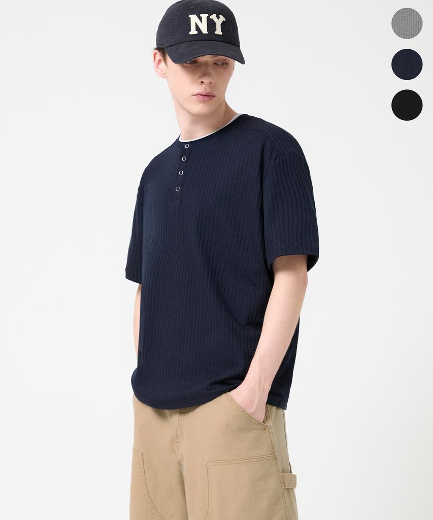 TRILLION Ribbed Ring Snap Henley Neck Short Sleeve T-Shirt_3Color