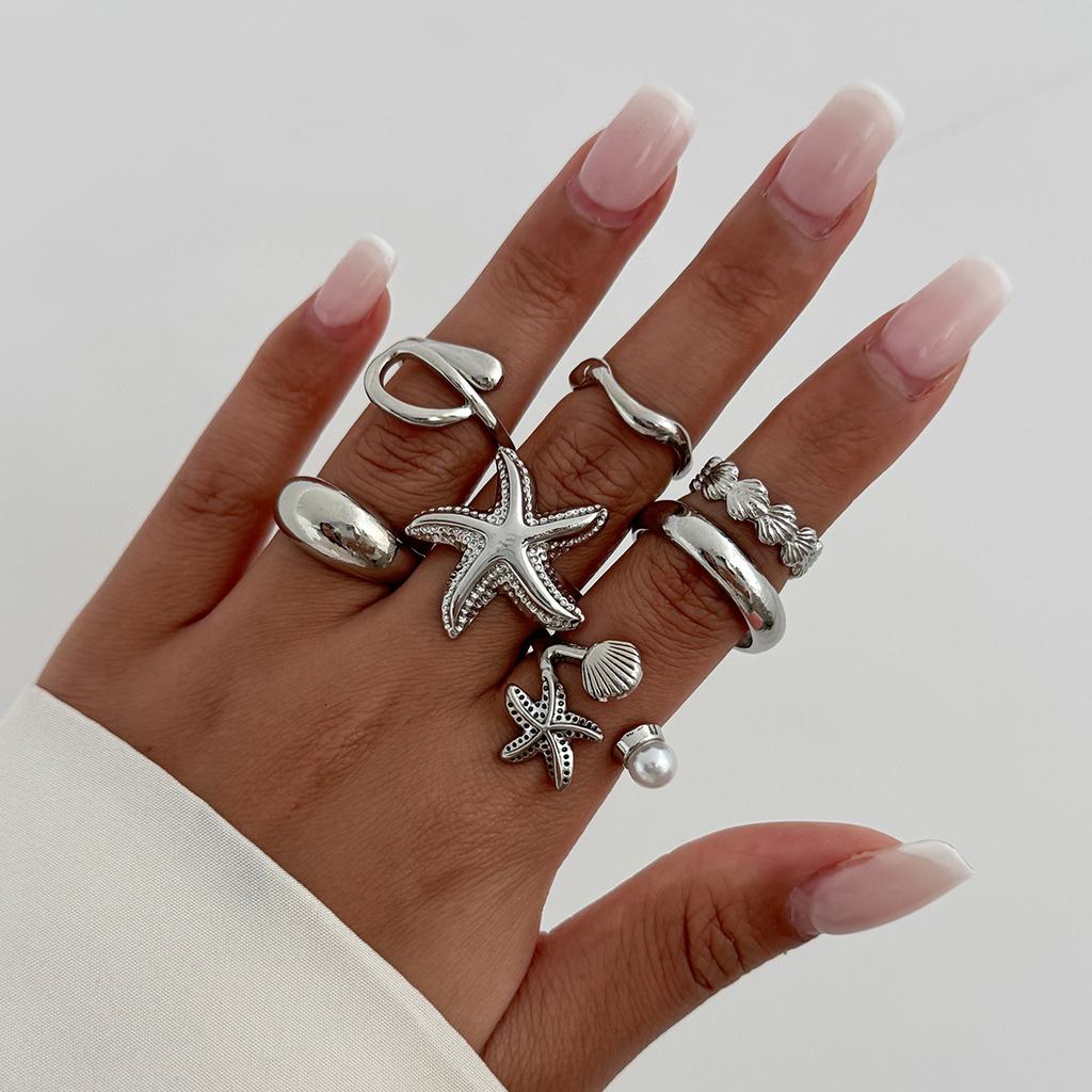 Vacation Starfish Metal Open Ring Ins Style 6-Piece Set Star Scallop Joint Rings for Women