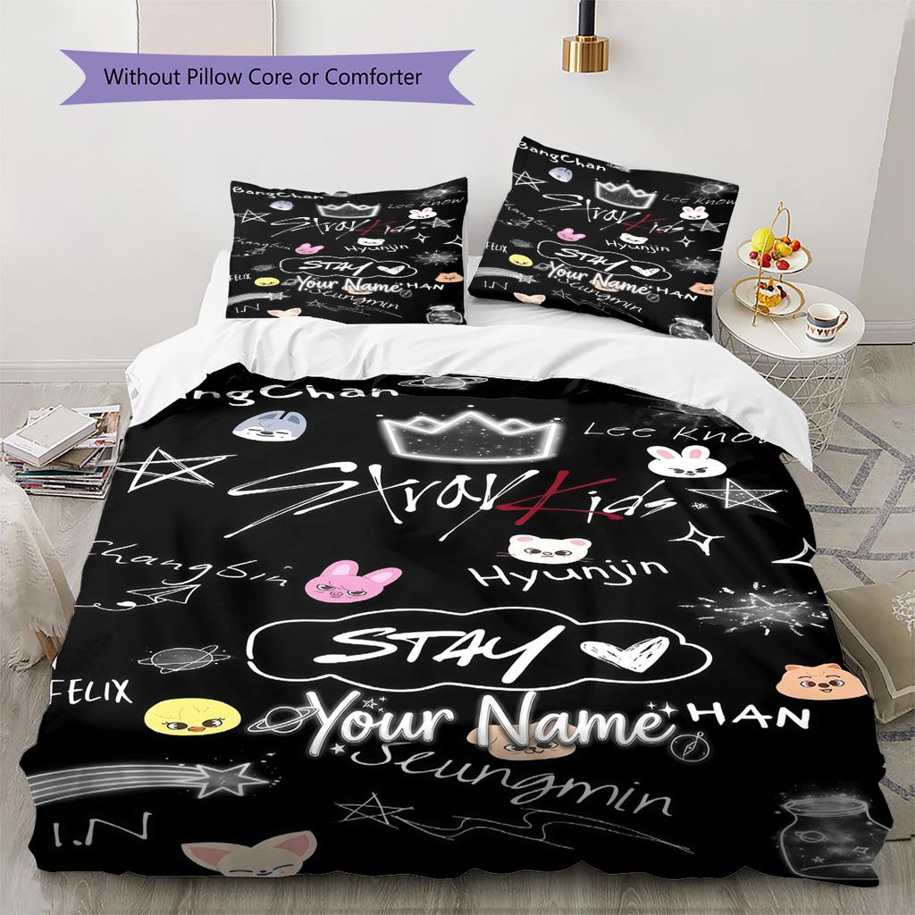 Custom Name Stray Kids Fan Art Bedding,Quilt Set Quilt Cover Pillowcase Home Birthday Gift (1 * duvet cover + 2 * pillowcase, without core)