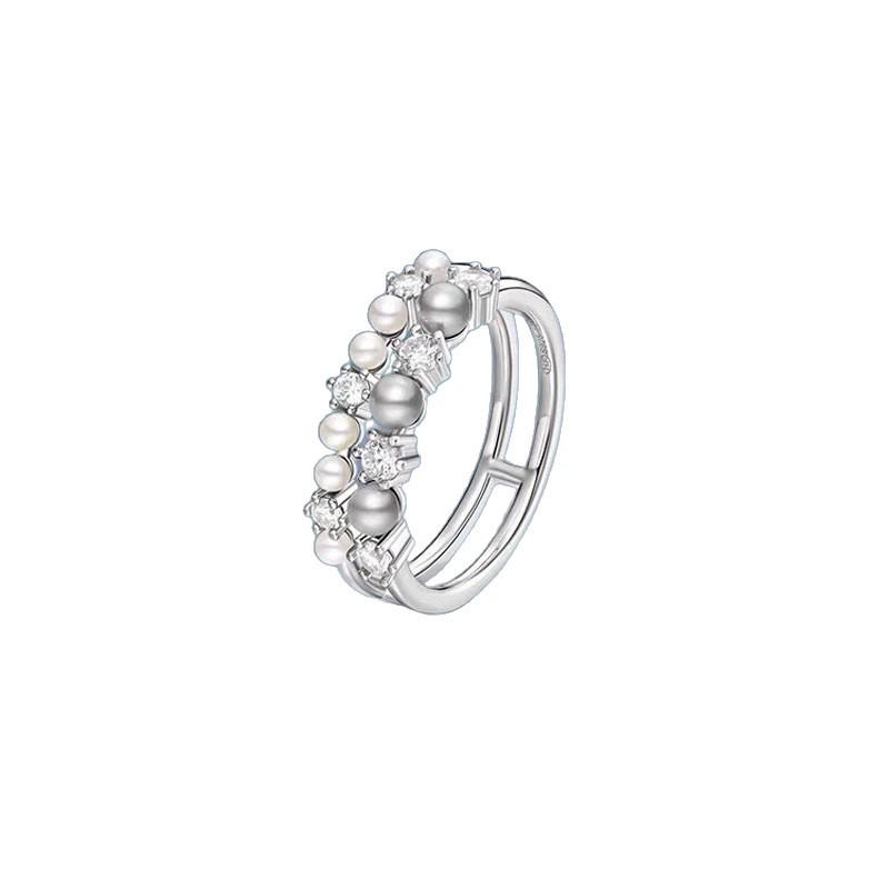 Howfang Bubble Double Layer Pearl & Zircon Sterling Silver Ring - Women's Light Luxury I-Shaped Index Finger Jewelry.