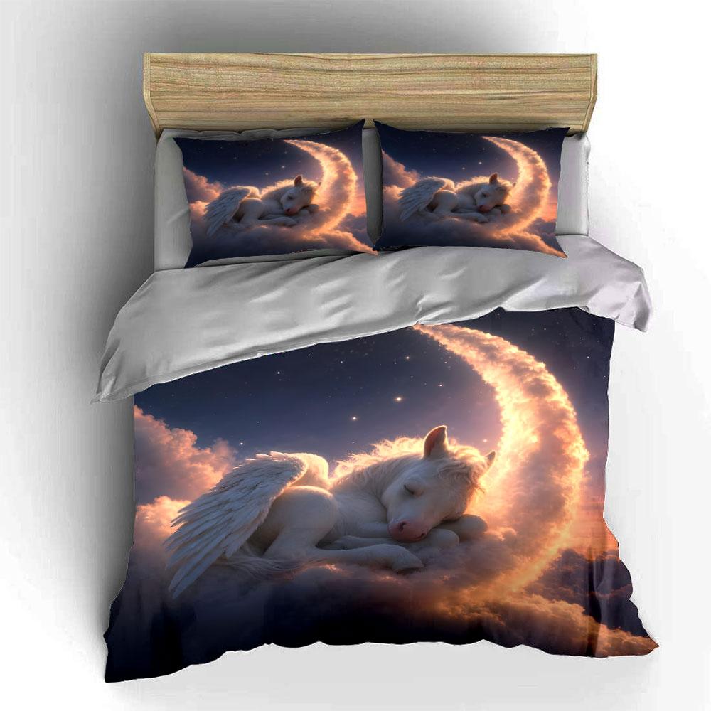 3Pcs Dreamy Unicorn Sleeping On Clouds Duvet Cover Set With 3D Printing Design Soft Polyester Bedding Set All-Season Comfort
