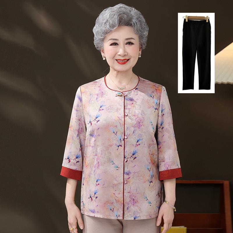 Imitation Silk Shirt for Elderly Women - Chinese National Style