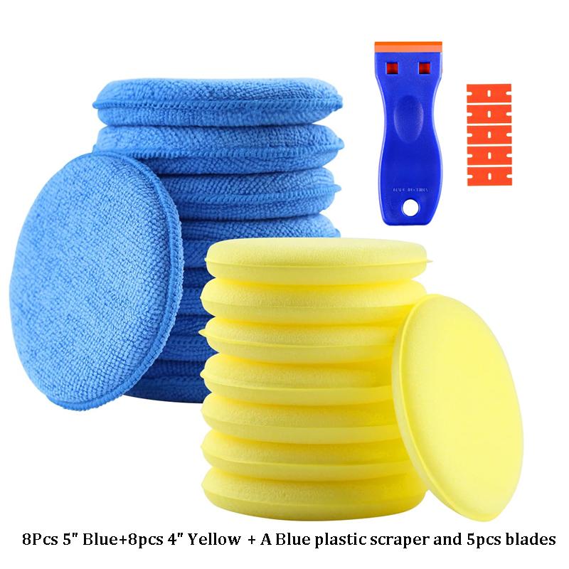 Mikrofibrowe aplikatory wosku ze skrobakiem Gąbki polerskie do samochodu do detailingu polerowania czyszczenia (5" Niebieski 4" Żółty)