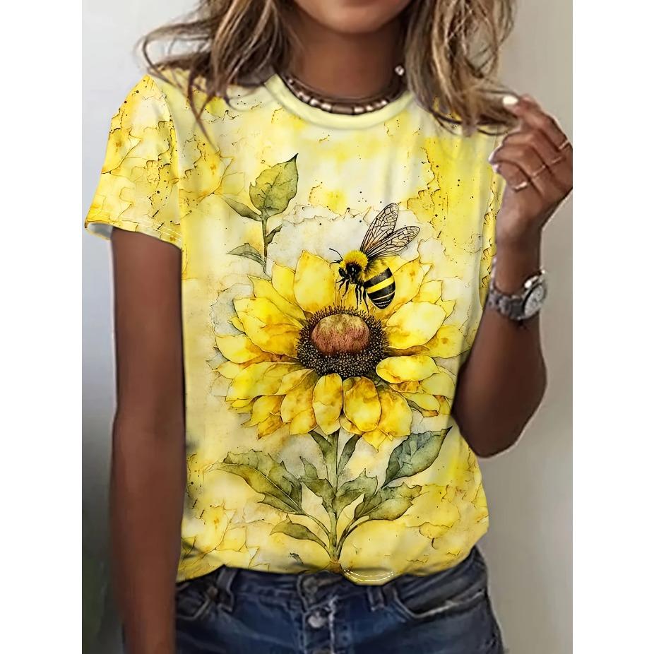 Women's Casual Elegant Round Neck T-Shirt - Floral Print Summer Top Maroon Color Block Design Breathable Medium Stretch Casual
