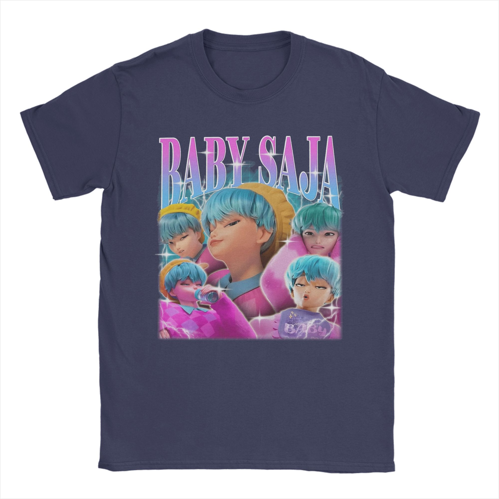 

Baby Saja Blue Hair Kpop Demon Hunters T Shirts Men 100% Cotton Casual T-Shirt Round Collar Tees Short Sleeve Tops Original 4XL