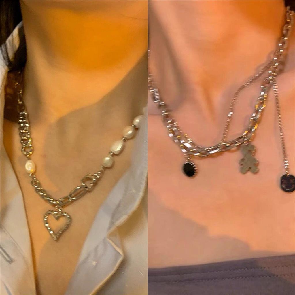 Spice Girls Sweet Cool Cosmic Opal Artificial Pearl Necklace Female Tide Double Layer Stacked Wearing Love Hip Hop Collarbone Chain