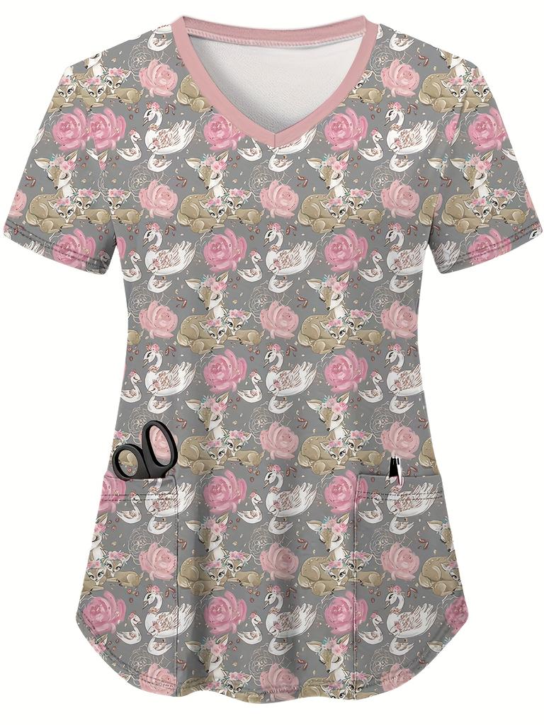 Chirurgische Uniformen Damen Mode Blumendruck Komfort Zahnarzthelferin Oberteile Lässig V-Ausschnitt Kurzarm Tierarzt Spa Krankenschwester Uniform Damen
