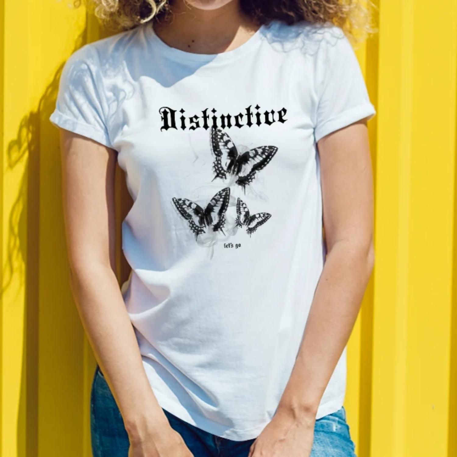 Women s round neck butterfly and letter print casual spring and summer T-shirt fashionable,  unique and versatile S