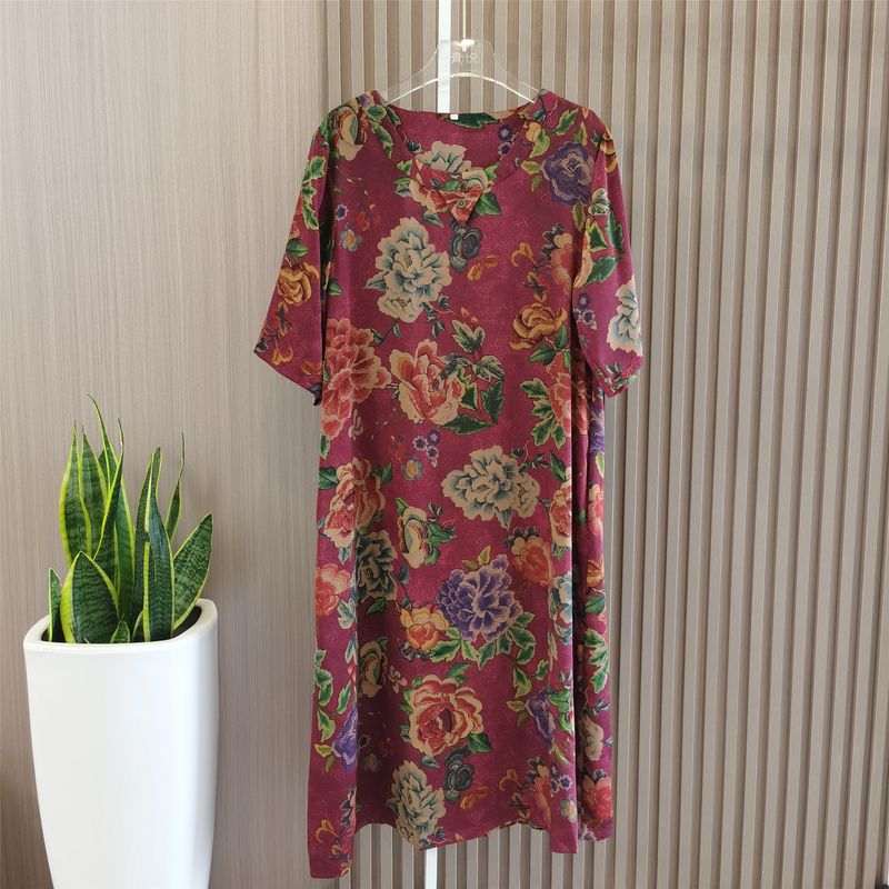 Summer Loose Slim Looking Print Women's Round Neck Short Sleeve Silk Dress Overknee Dress Rich Lady Dress