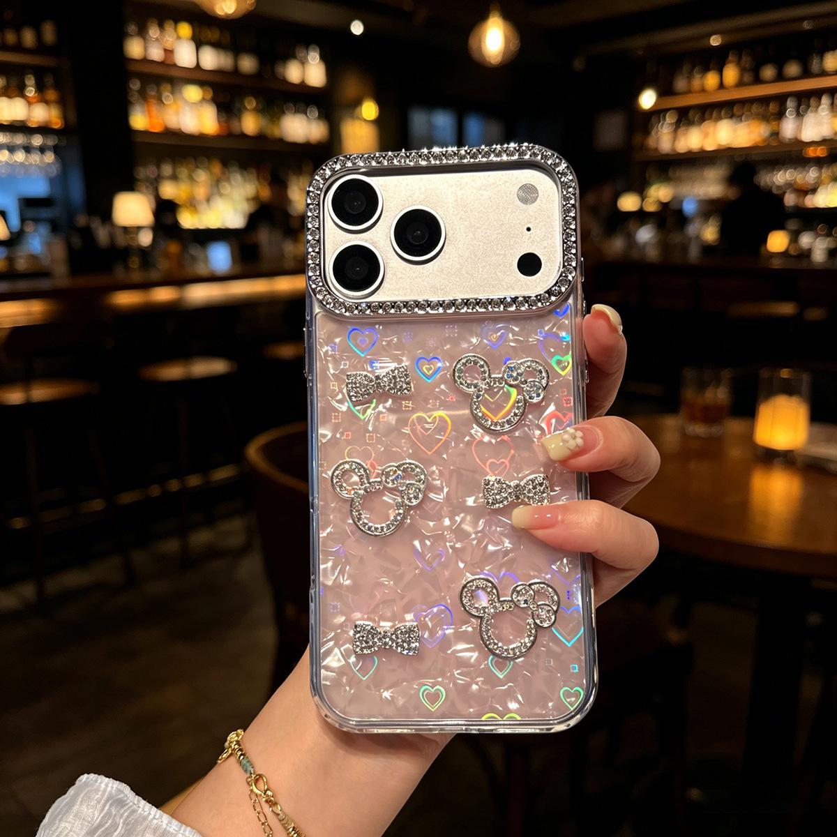 

Love Heart Shell Pattern with 3D Rhinestone Mickey for Apple 17Pro Max/15Pro - Fine & Large Hole Styles Available iPhone 13 Pro