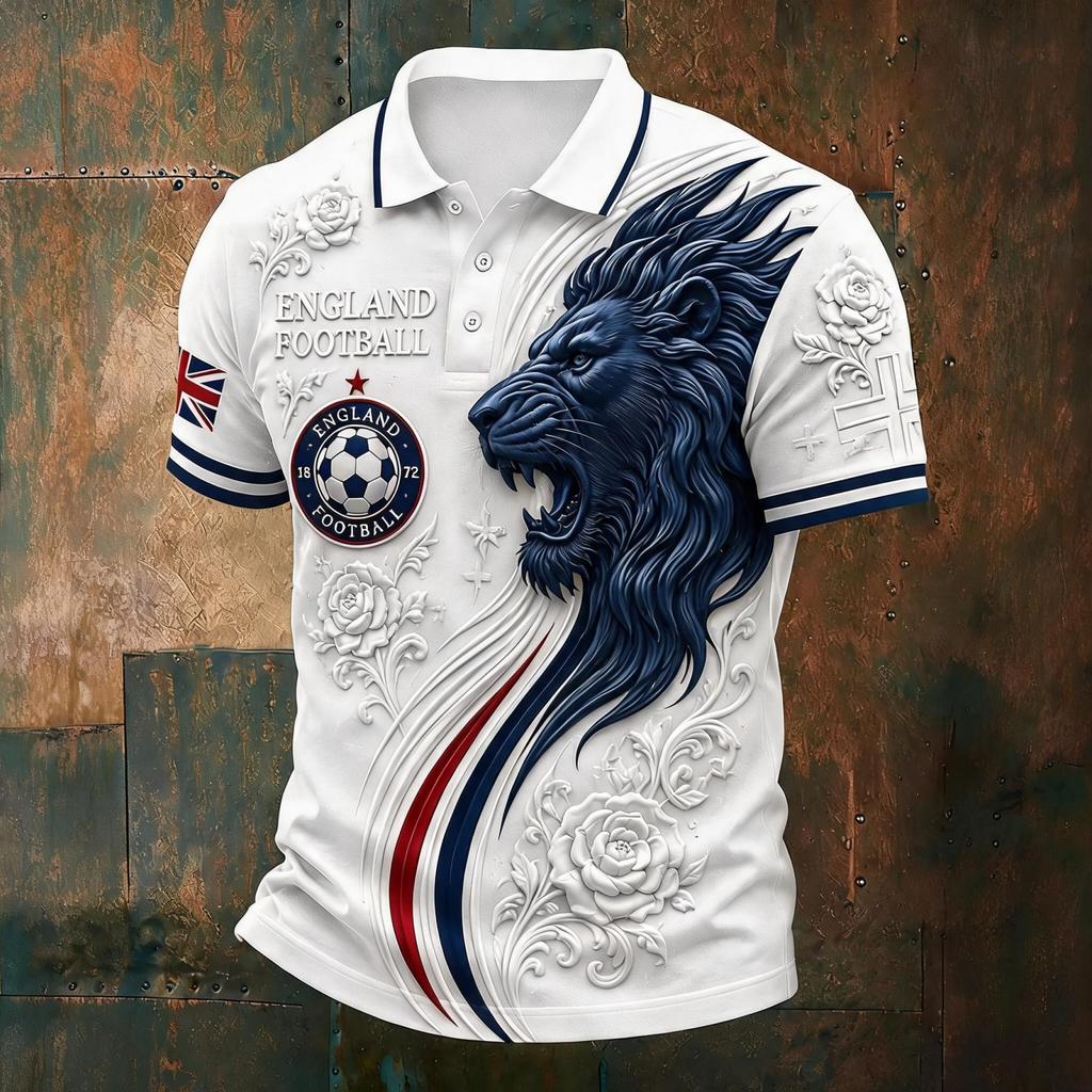 Camiseta Polo Estampada de Fútbol de Inglaterra para Hombre Corte Clásico Manga Corta Camiseta de Fútbol Ropa Deportiva Casual para Hombre