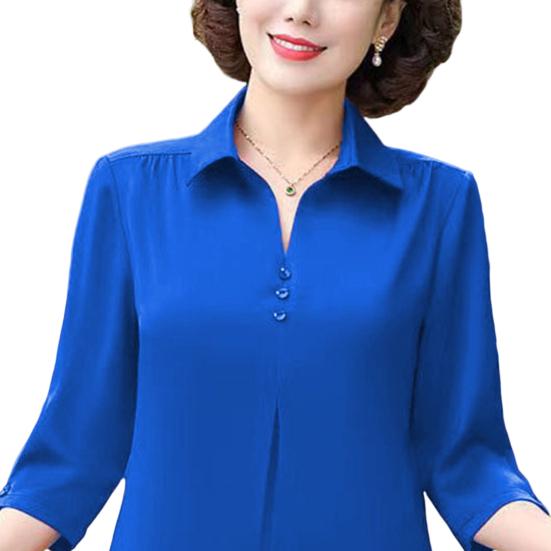Mother Summer Top Turn-down Collar Buttons Solid Color Three-quarter Sleeves Pullover Match Pants Mid-aged Casual Plus Size Mom Spring T-shirt