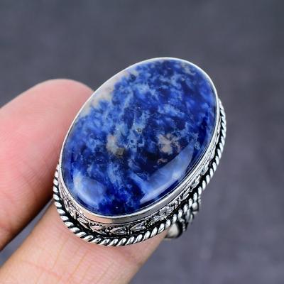 Anillo de Plata de Ley 925 Hecho a Mano con Gema de Sodalita Natural Talla 9.5 v9U01