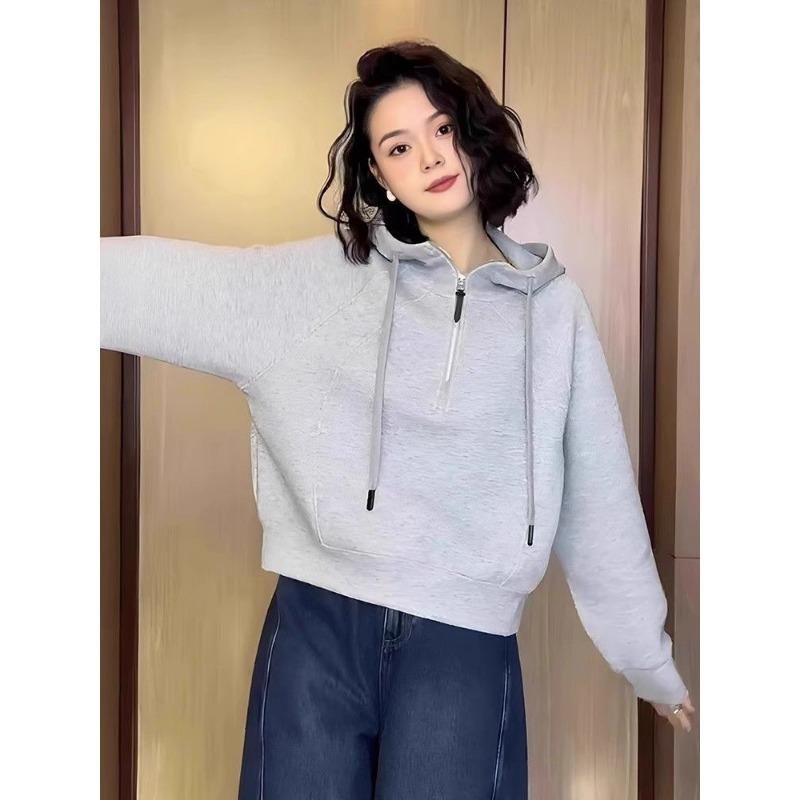 Women S Gray Half Zip Hooded Fleece Sweatshirt Loose Casual Short Top