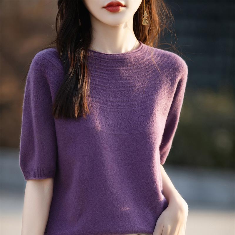 Knitted Short-sleeved T-shirt for Women In Summertime New Loose Pullover Sweater Large Size Round Neck Hollow Inner Layer Bottoming