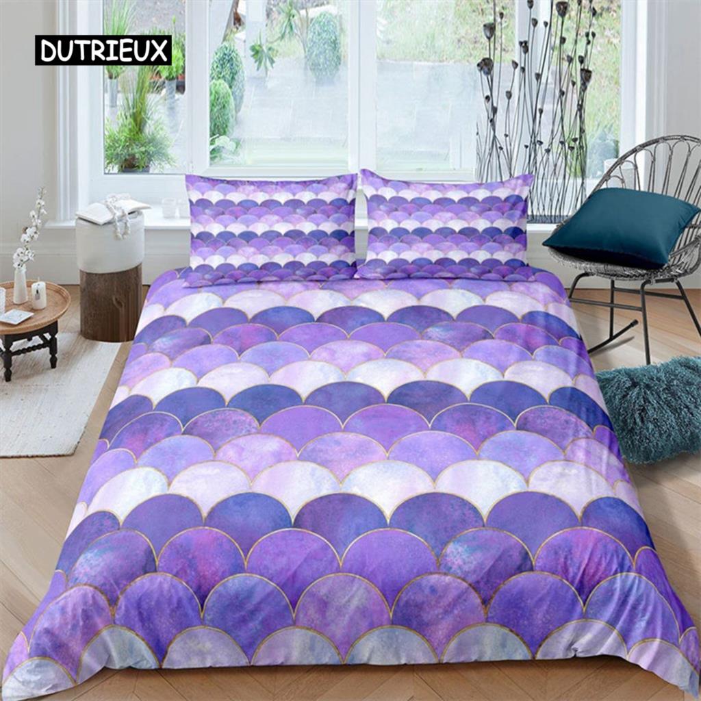 Färgglatt påslakan med sjöjungfruskal, tryck med fiskfjäll, sängklädesset King Full för barn pojkar flickor, havstema, täcköverdrag