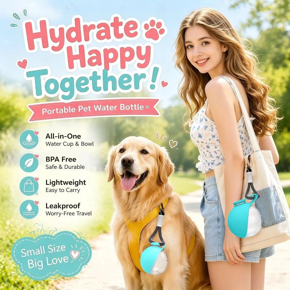 2 in 1 Portable Dog Water Bottle Leak Proof Travel Pet Feeding Bottle with Foldable Silicone Bowl Lanyard for Walking Hiking