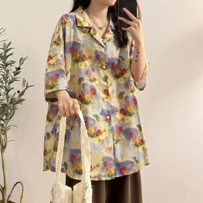 Floral Printed Colorful Female's Suit Collar Shirt Summer Loose Casual Short Sleeved Shirts Vacation Style Chic Blouses