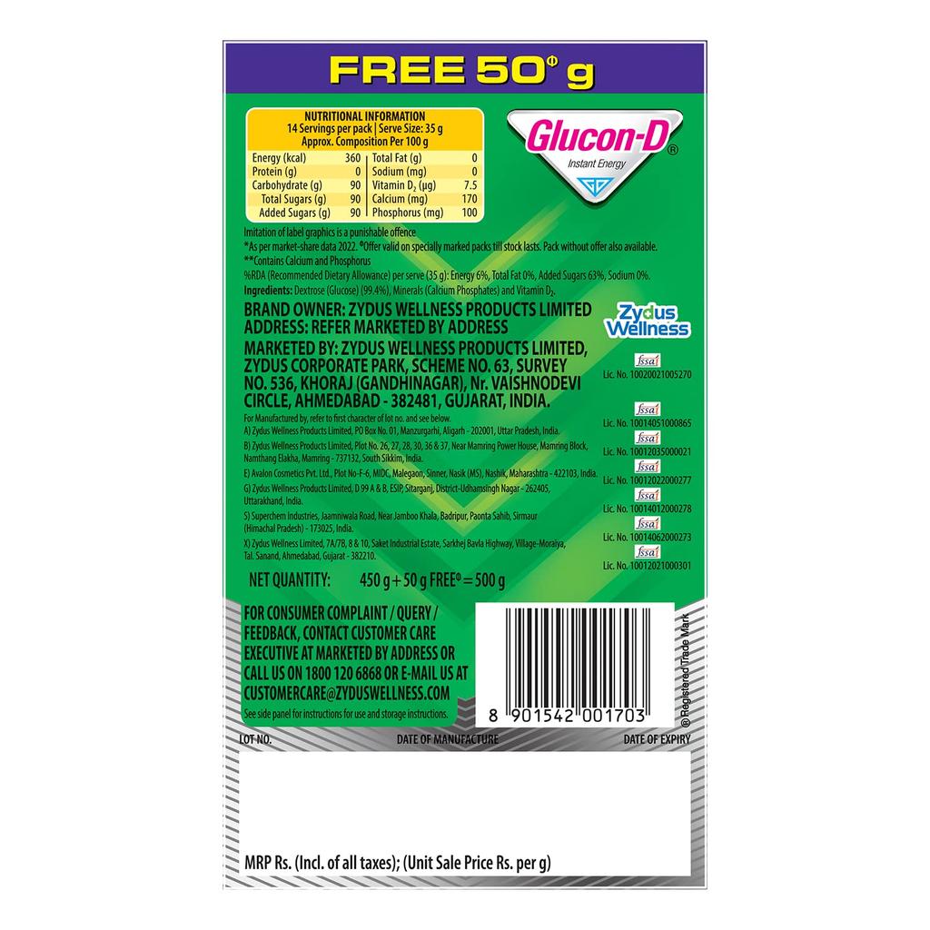 Glucon-D Regular con 3 Beneficios de Energía, Recuperación e Inmunidad, Recarga 450 g ( Obtén 50 g Extra Gratis )