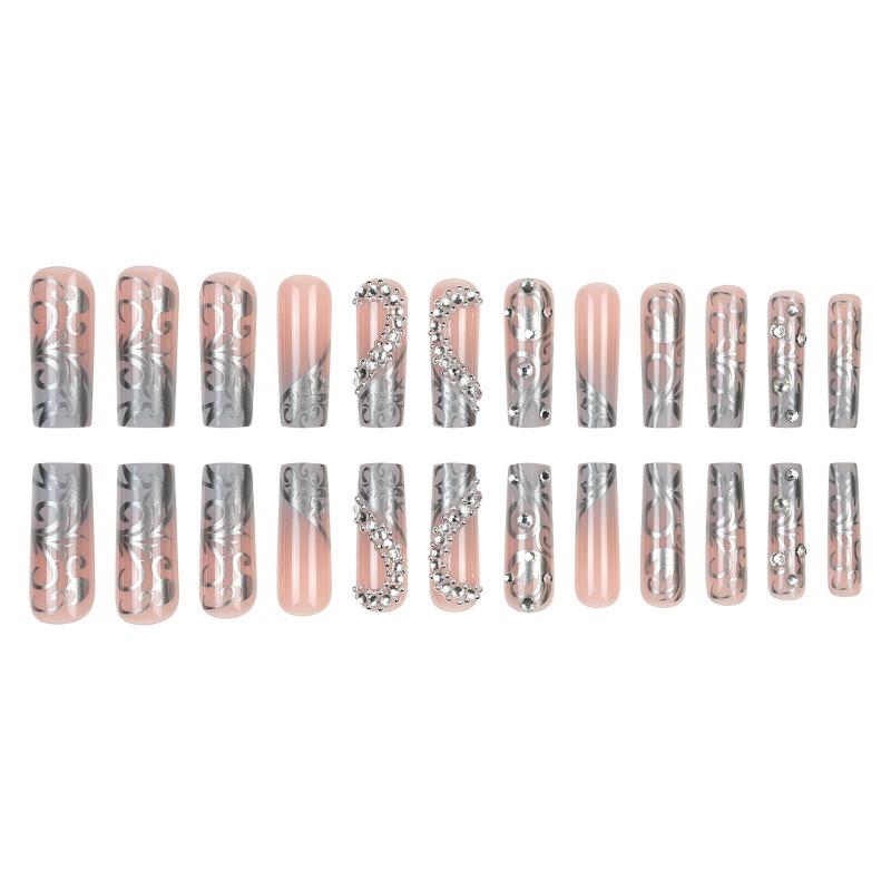Cross‑border European & American silver long tapered press on nails, heart‑shaped & crushed rhinestone decor, hot‑selling new false nail patches.