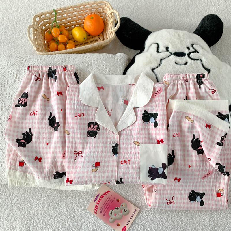 High-Value Cloud Cotton Pajamas Women'S Summer Cute Bow Cat Loungewear Short-Sleeved Three-Piece Set